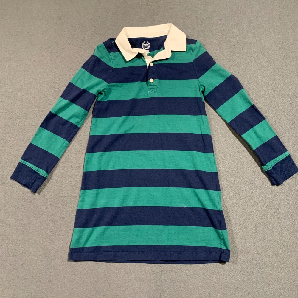 90s Girls Size S 6 6X Striped Long Sleeve Rugby Dress Shirt Navy Green Collared